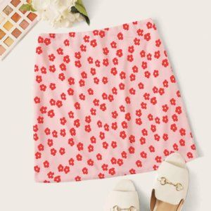 Red and pink floral miniskirt